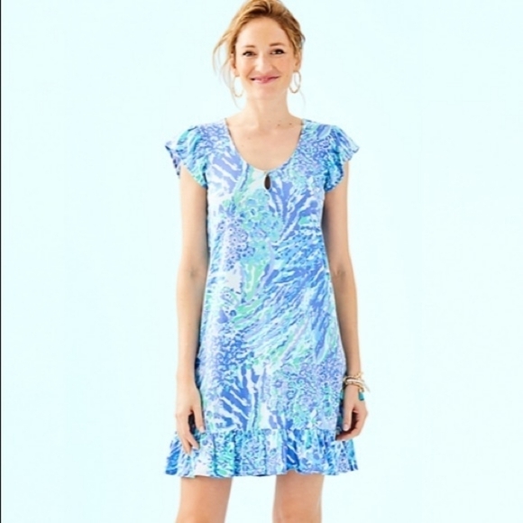 🆕 Lilly Pulitzer Rejina Ruffle Dress in Hey Hey Soleil Blue Haven XS - Picture 1 of 9